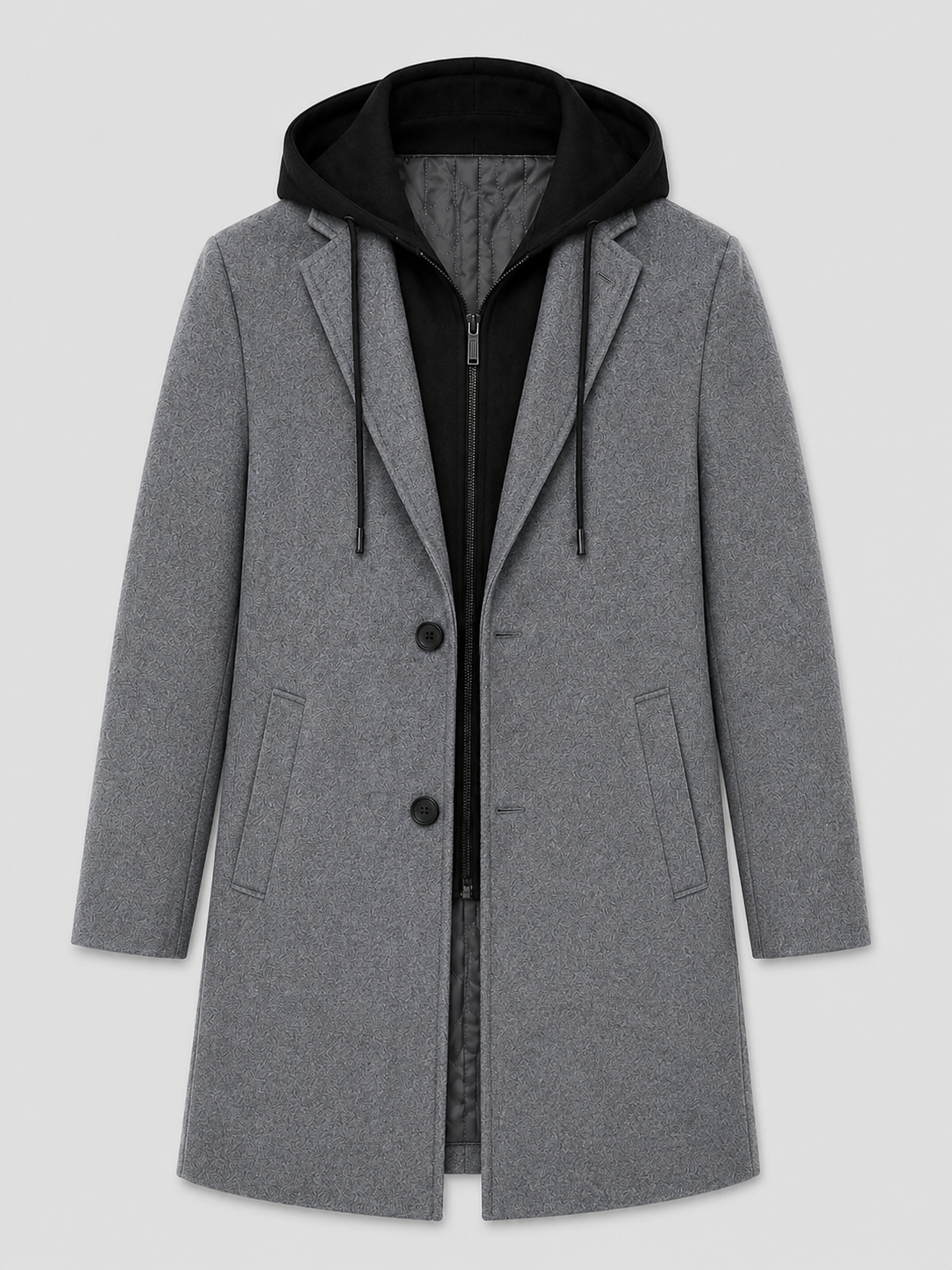 Product photo of a gray wool hooded trench coat showing the full coat, structured silhouette, front closure, pockets, and warm fabric texture