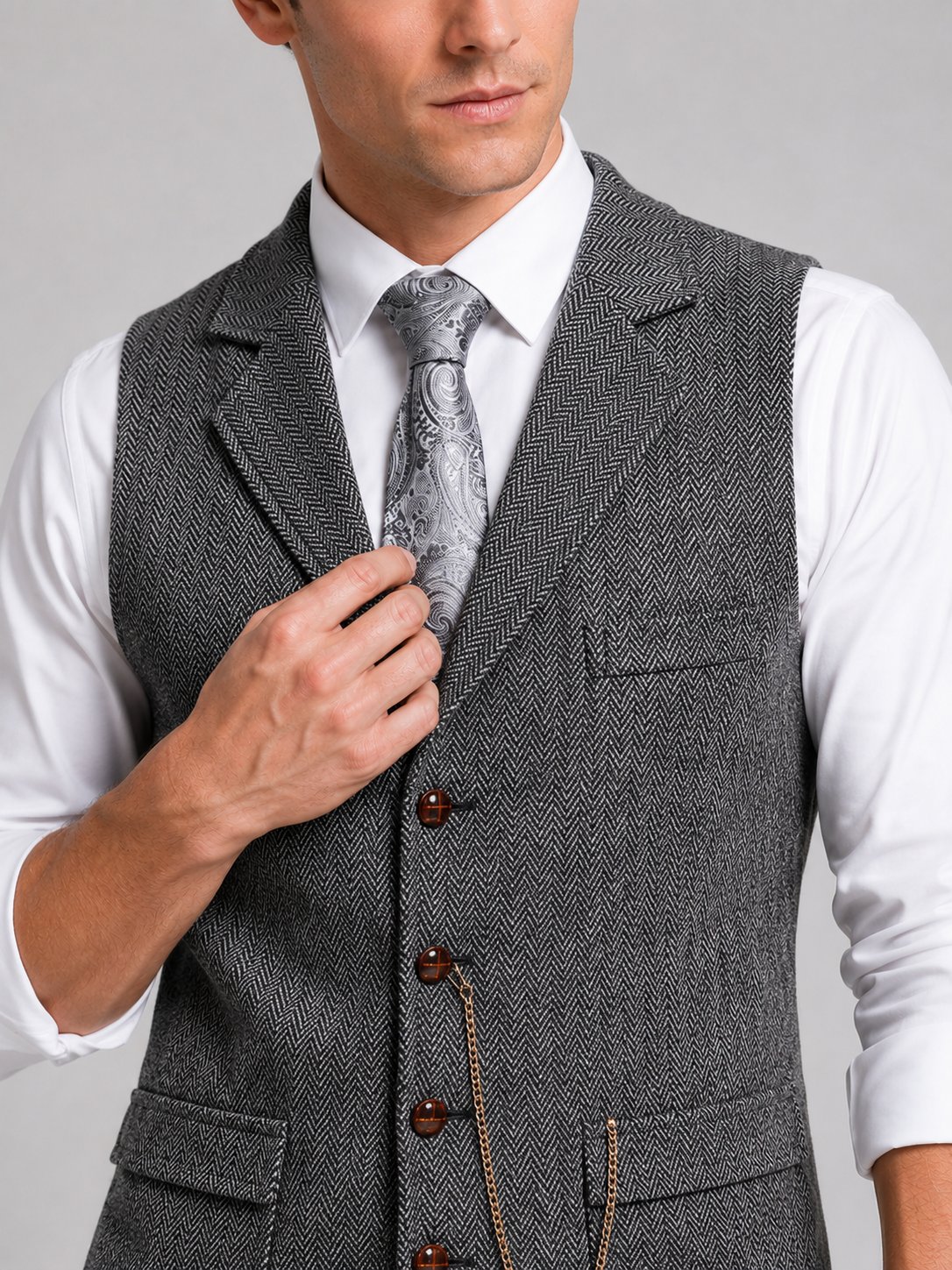 Close up of gray tweed vest showing herringbone texture, lapel detail, and chain accent