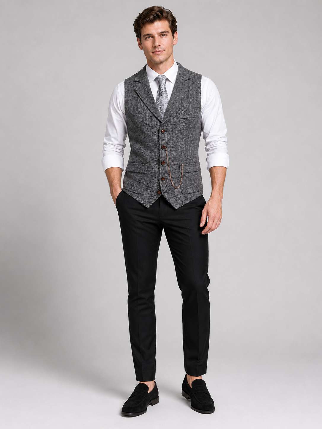 Gray herringbone tweed vest for men tailored suit layer for party and wedding wear