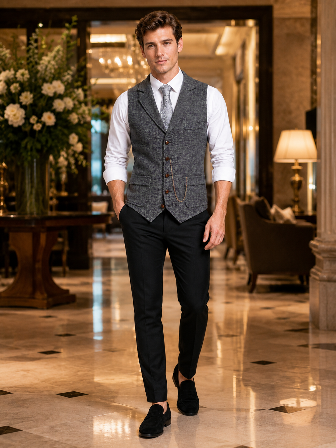 Man styling gray tweed vest in a refined wedding and business casual outfit