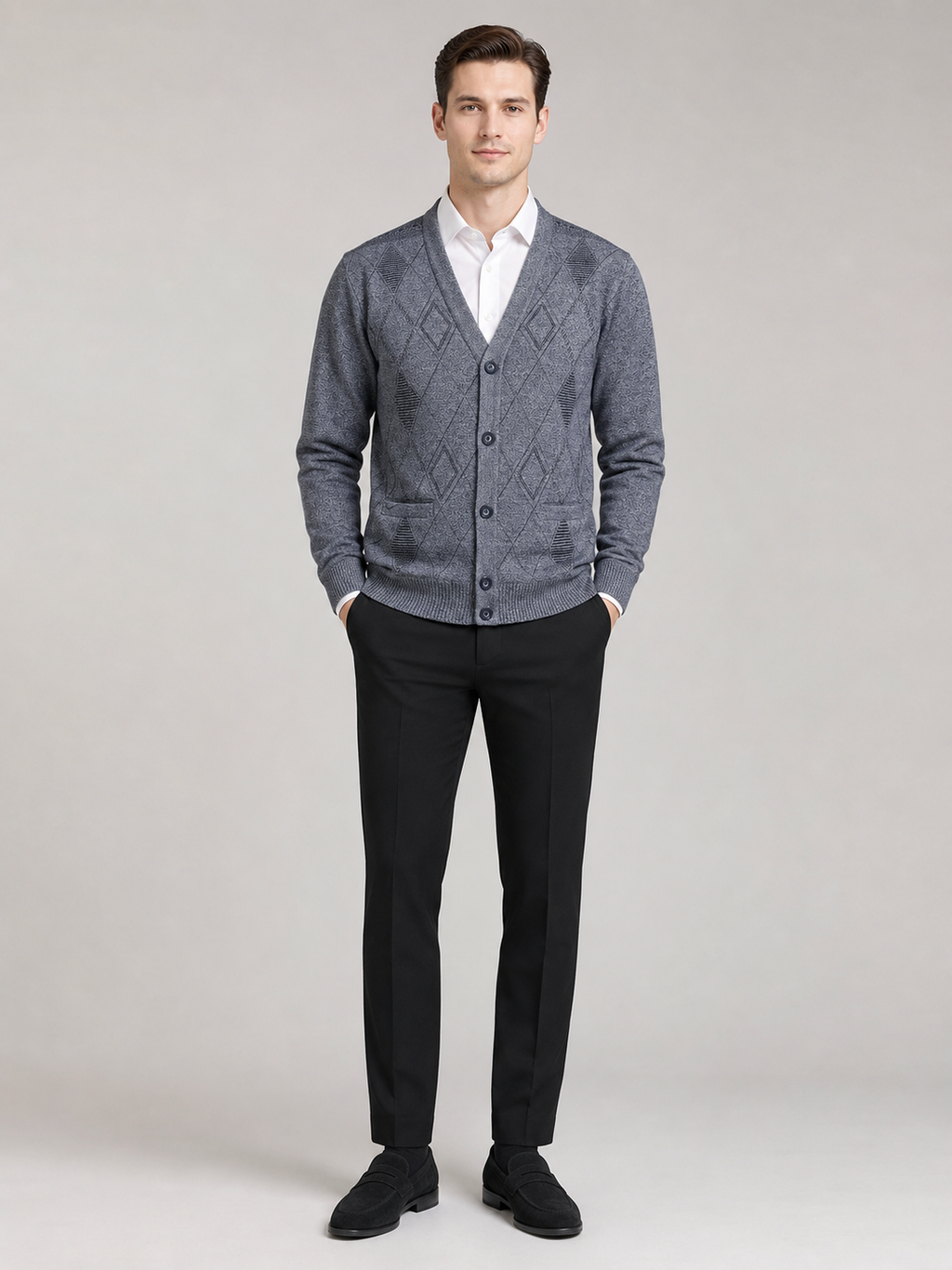 Gray v neck cardigan sweater for men warm button up layer for everyday winter wear