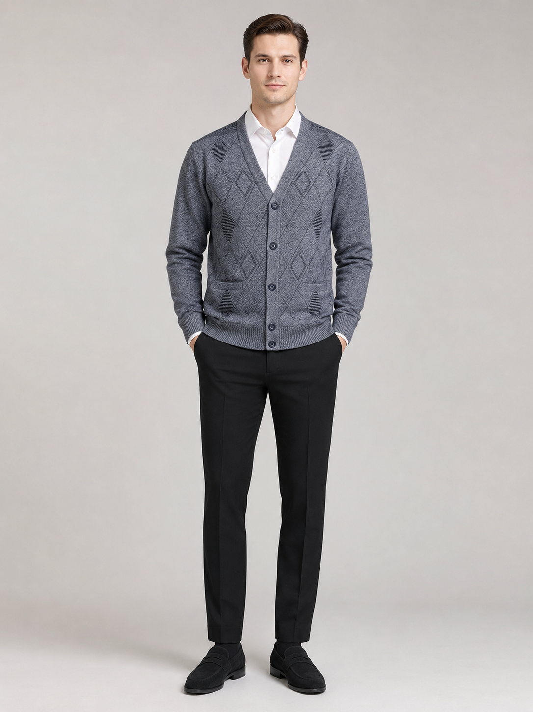 Gray v neck cardigan sweater for men warm button up layer for everyday winter wear