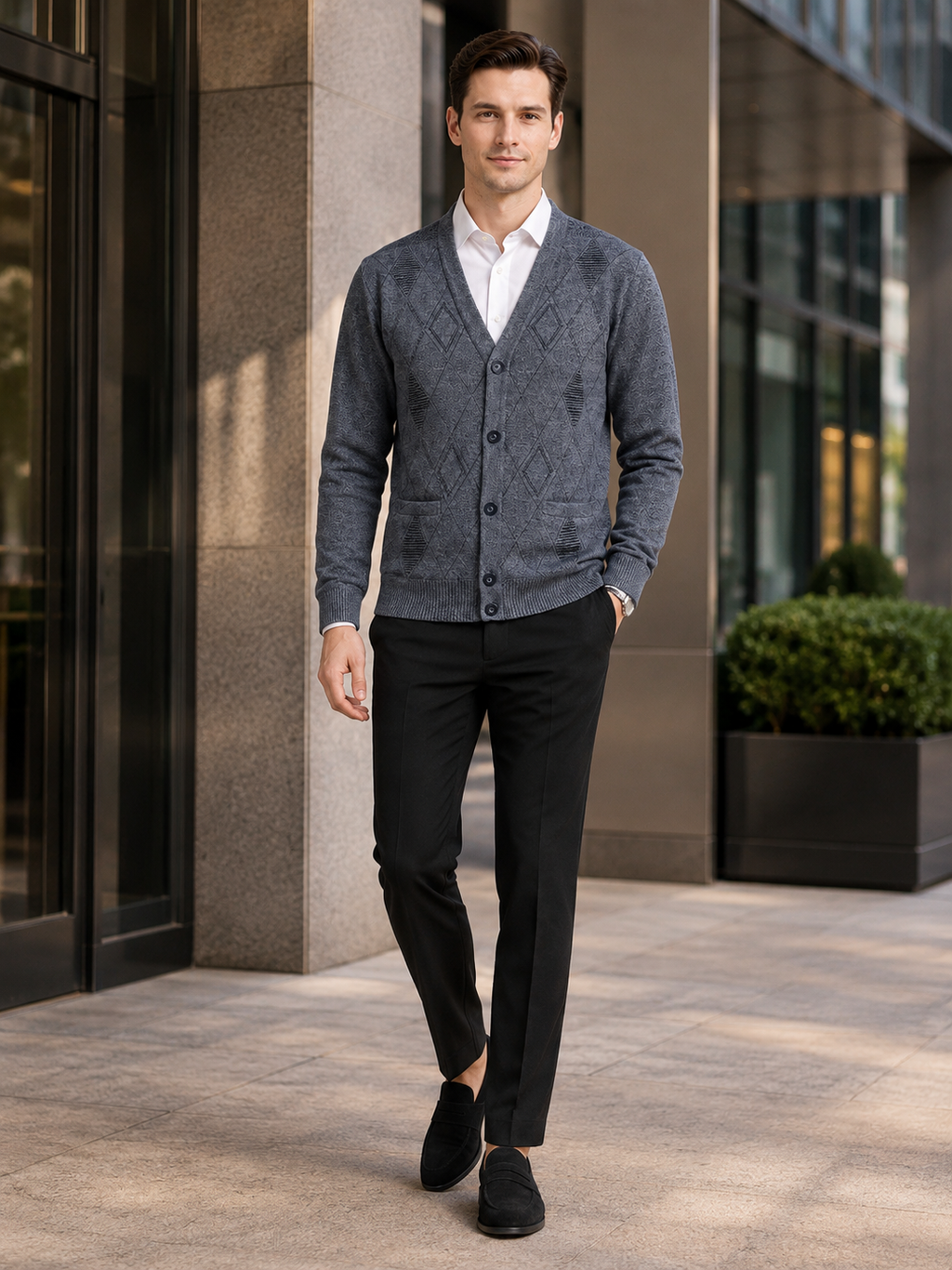 Man styling gray v neck cardigan sweater in a clean business casual and everyday lifestyle outfit