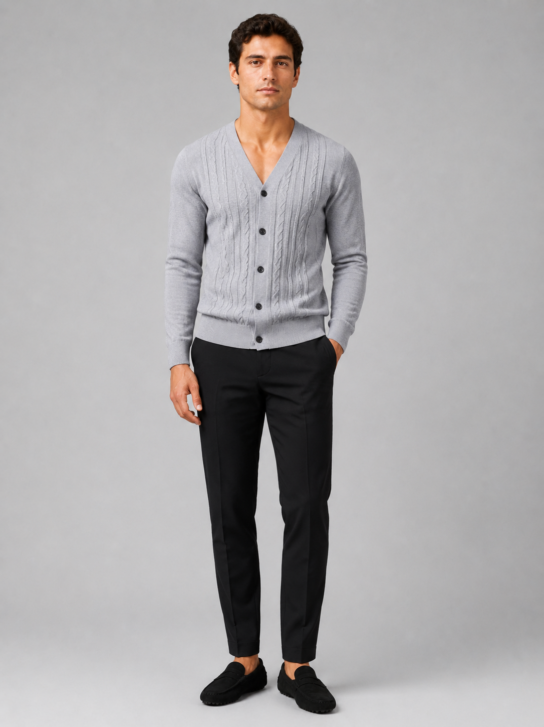 Gray v neck cardigan sweater for men slim fit layering piece for everyday wear