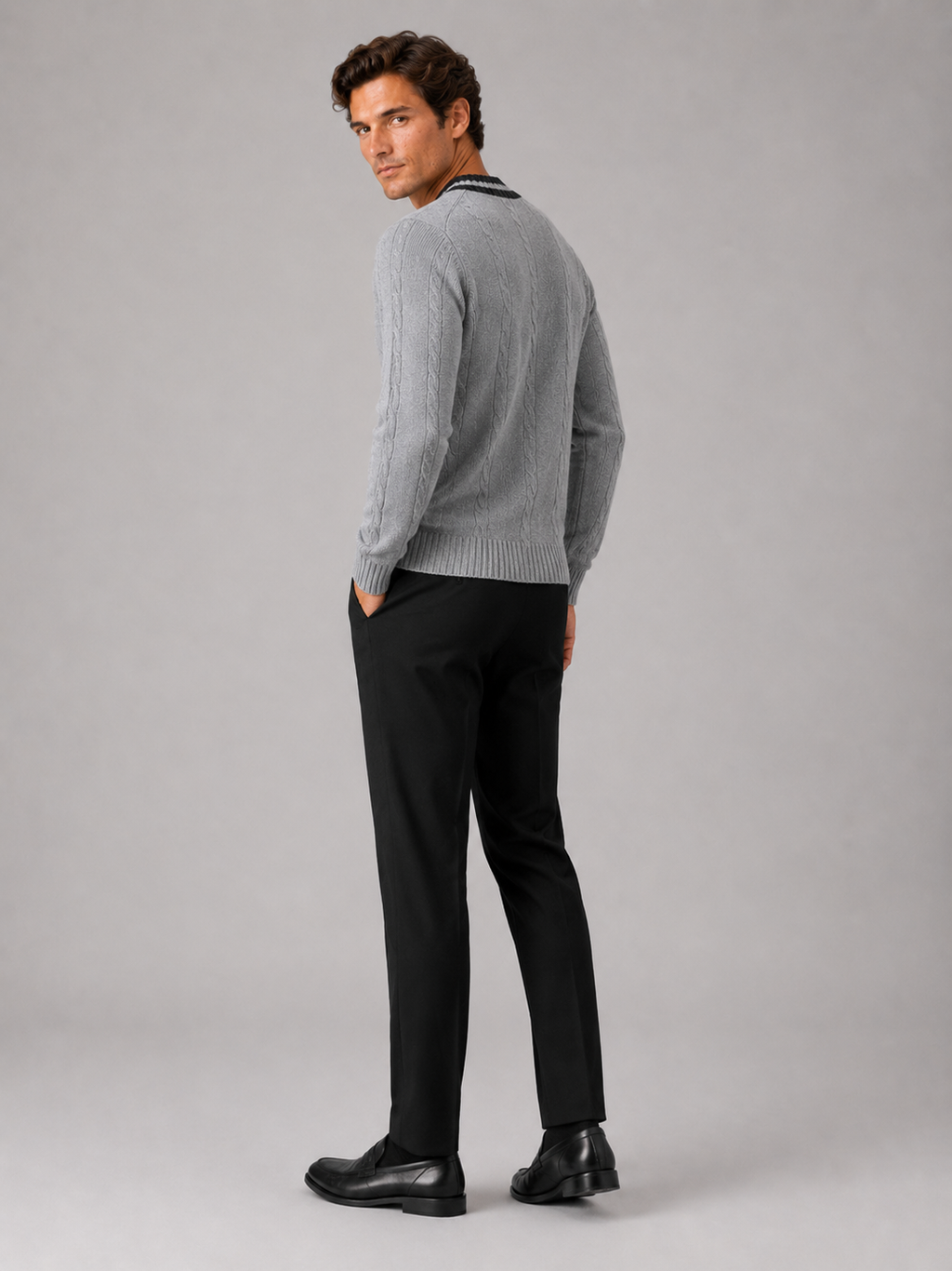 Men’s gray knit pullover breathable warm sweater for fall winter everyday outfits