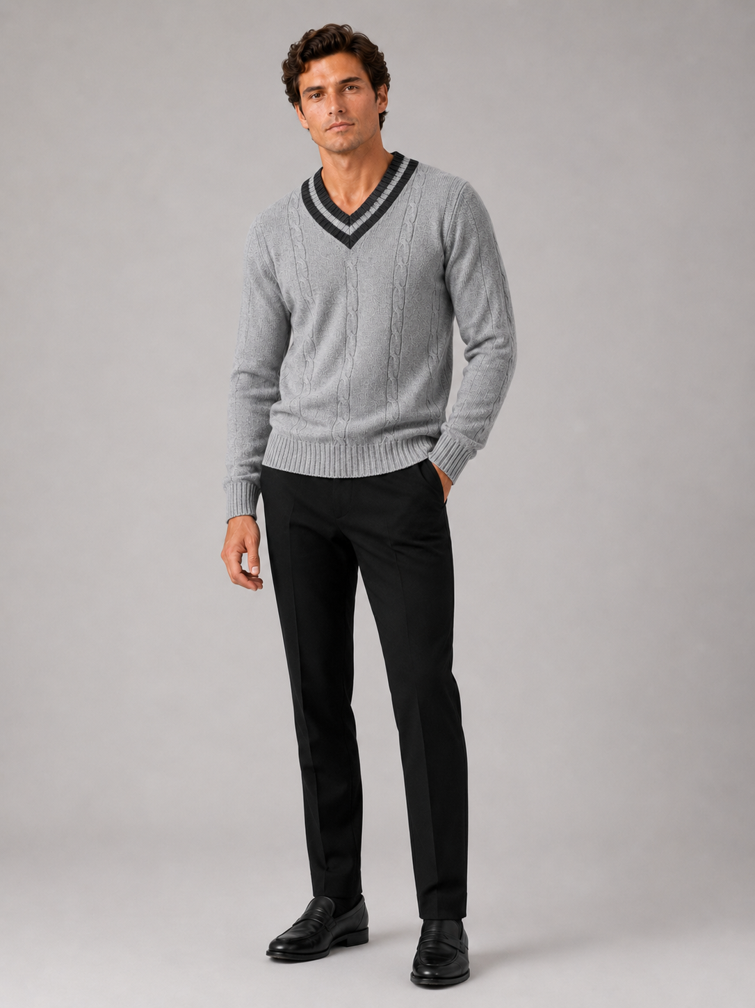 Gray v neck sweater for men long sleeve pullover for outdoor casual everyday wear