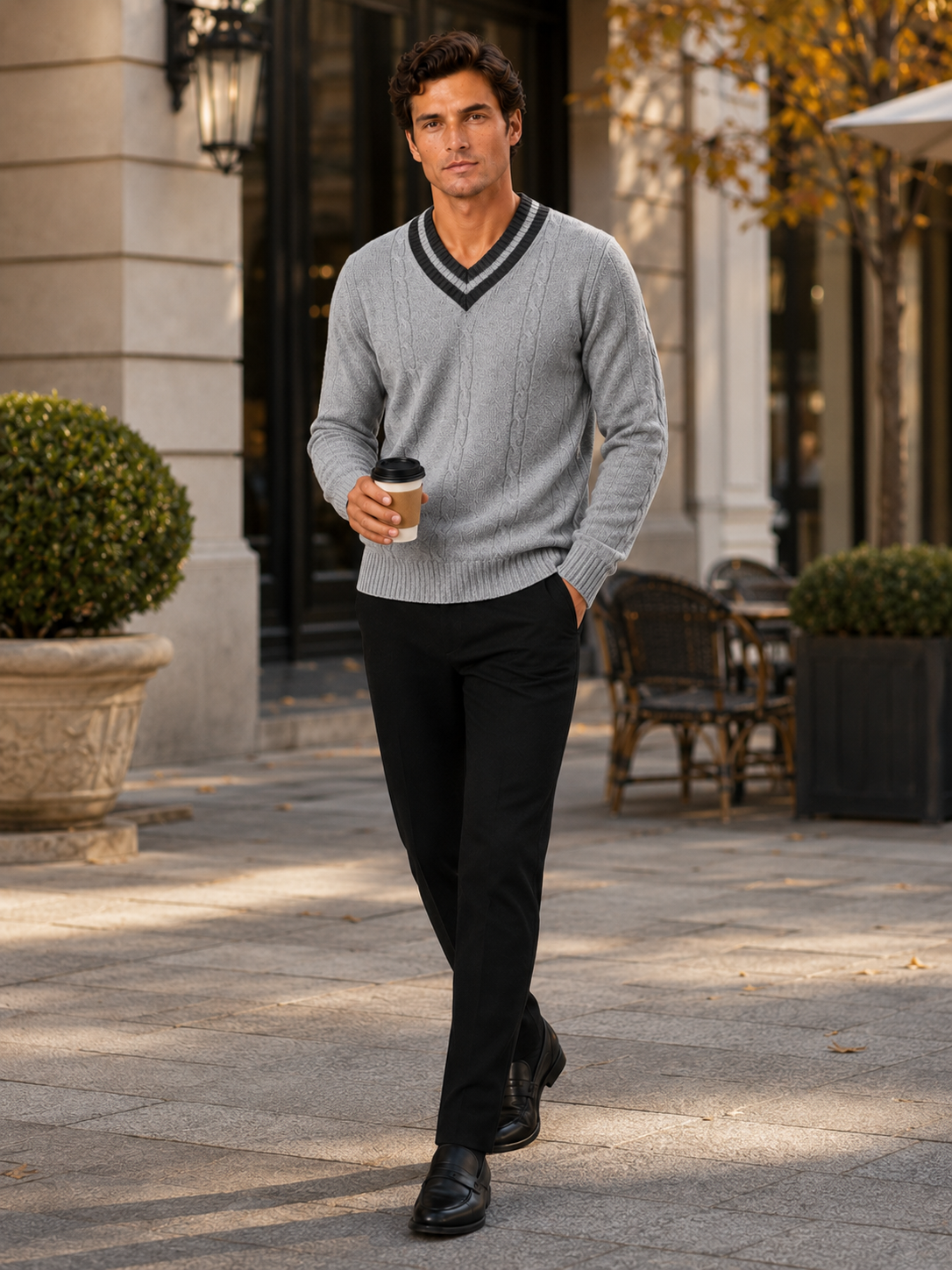 Man styling gray v neck knit sweater in a relaxed fall winter lifestyle outfit