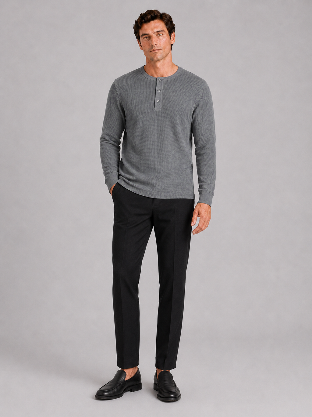 Gray long sleeve henley shirt for men soft lightweight layering top for weekend wear