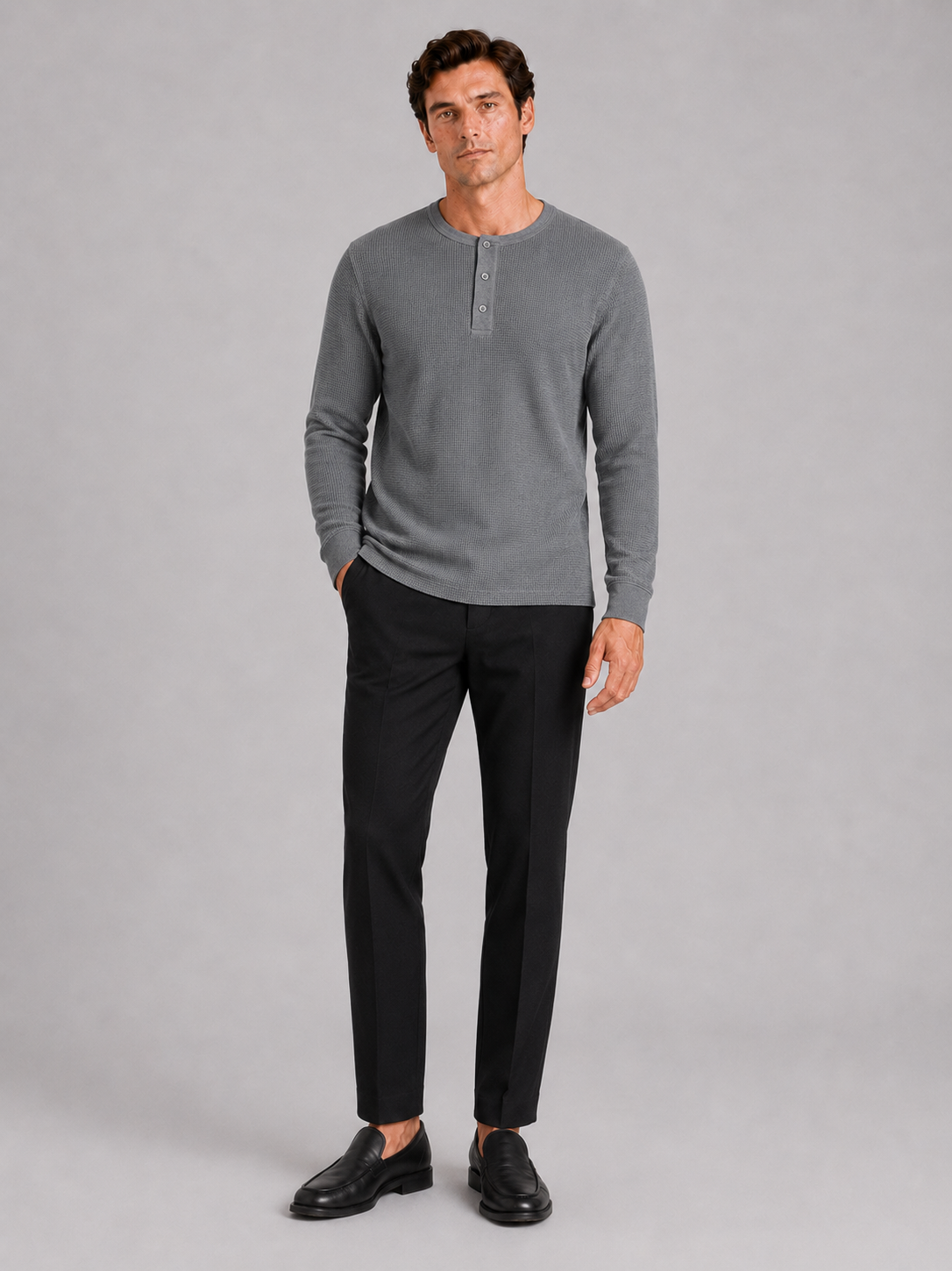 Gray long sleeve henley shirt for men soft lightweight layering top for weekend wear