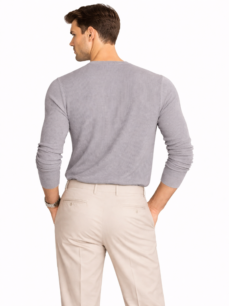 Gray cotton waffle henley shirt long sleeve textured fabric breathable lightweight refined everyday wear