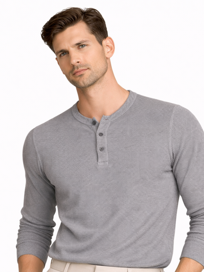 Men’s gray waffle henley shirt soft cotton long sleeve comfortable breathable casual outfit