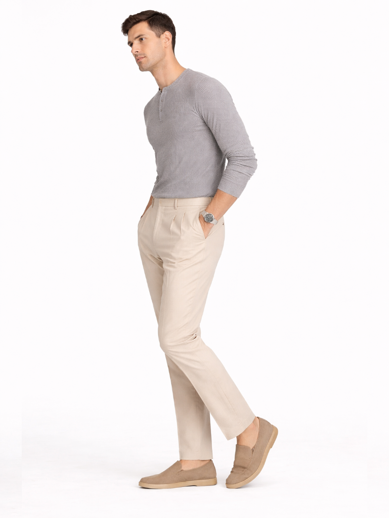 Gray cotton waffle henley long sleeve shirt minimal soft fabric modern luxury casual look