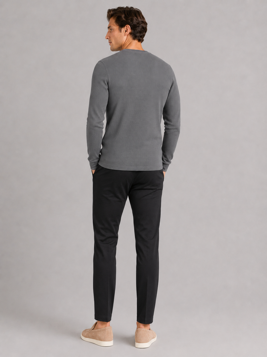 Men’s gray textured waffle knit top lightweight thermal layer for casual everyday outfits