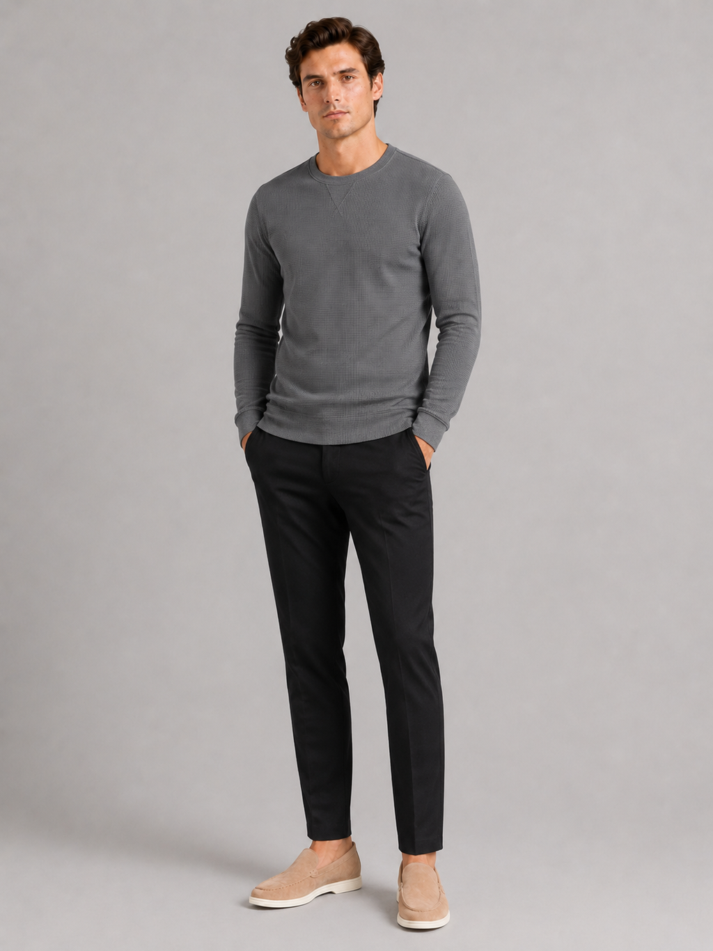 Gray waffle knit crewneck shirt for men comfortable long sleeve base layer for cooler weather