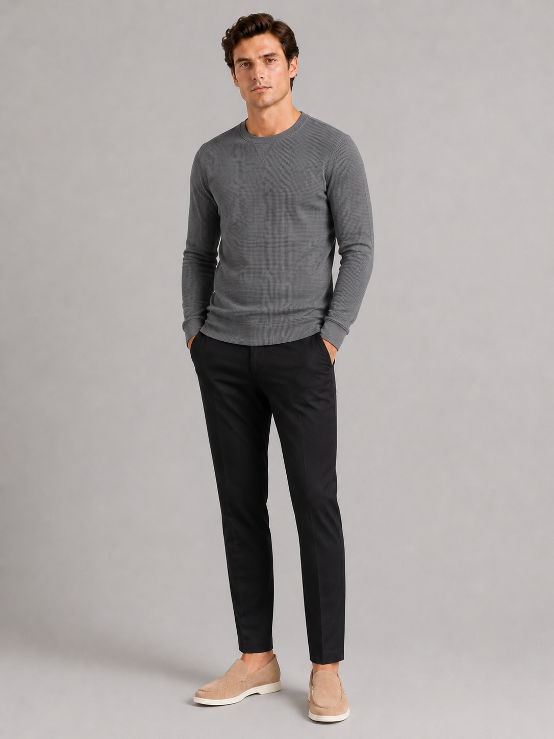 Gray waffle knit crewneck shirt for men comfortable long sleeve base layer for cooler weather