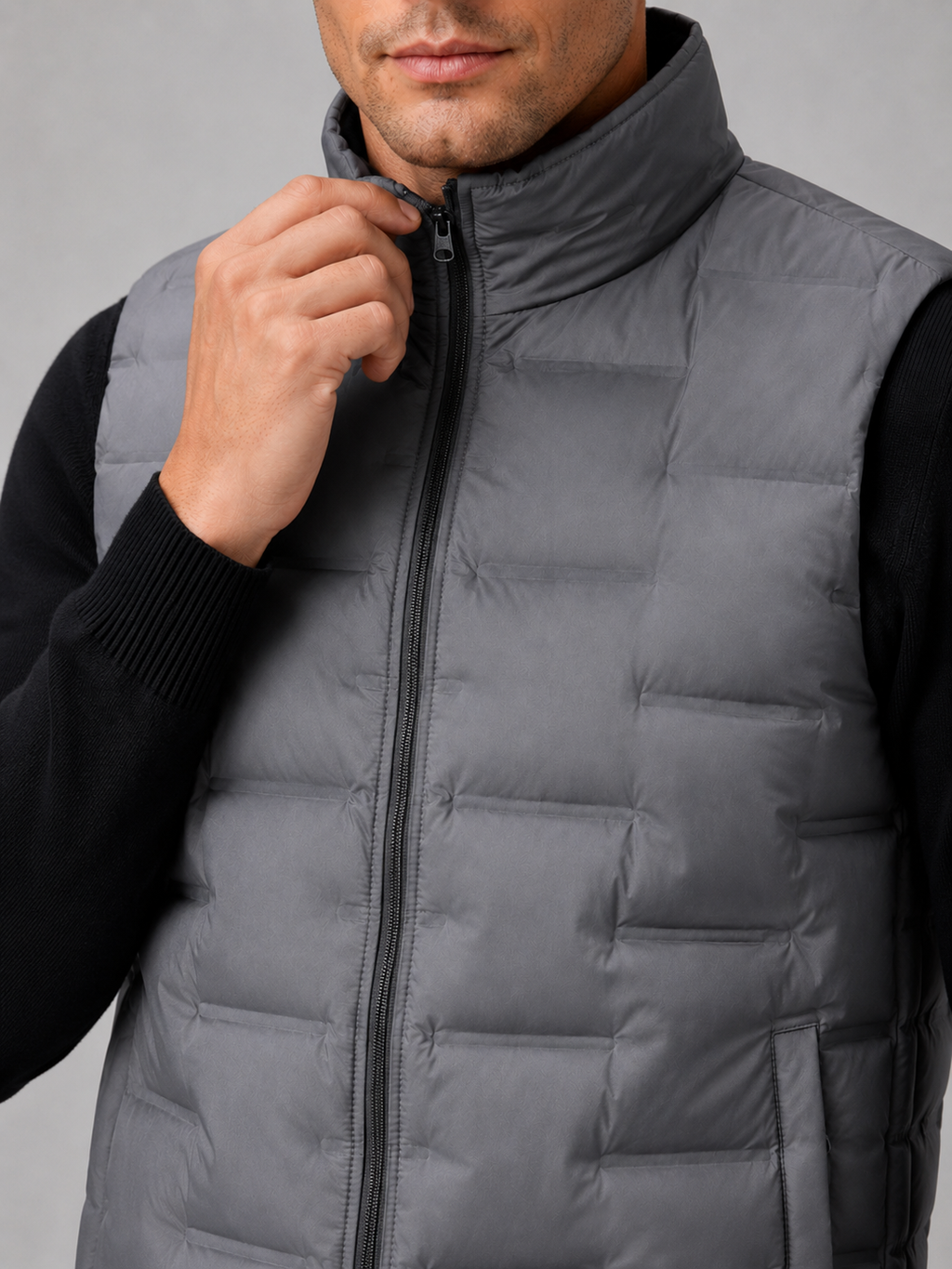 Close up of gray white duck down vest showing lightweight quilted insulation, stand collar, and weather resistant fabric detail