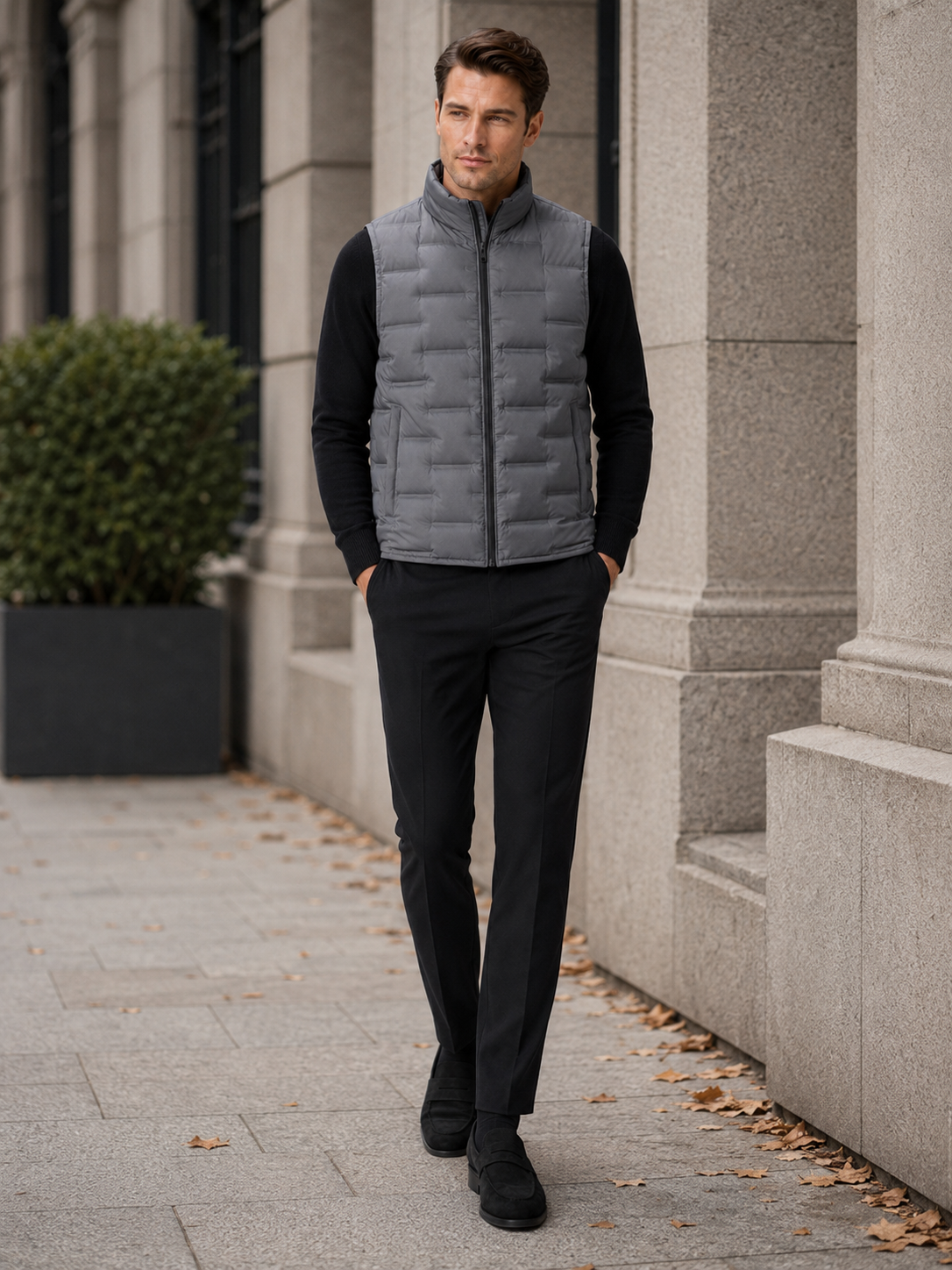 Man styling gray white duck down vest in a clean outdoor and everyday winter lifestyle outfit