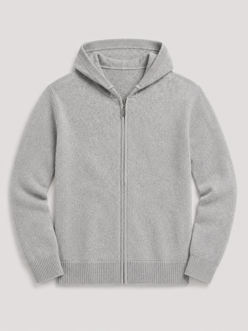 Gray men’s wool full zip cardigan hoodie with thick knit fabric displayed on a plain background