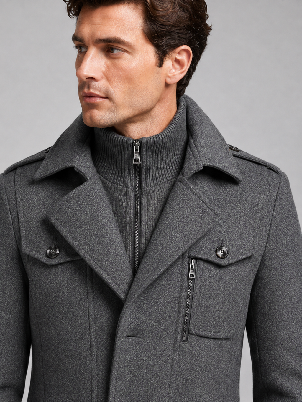 Gray men’s wool double collar overcoat displayed on a plain background