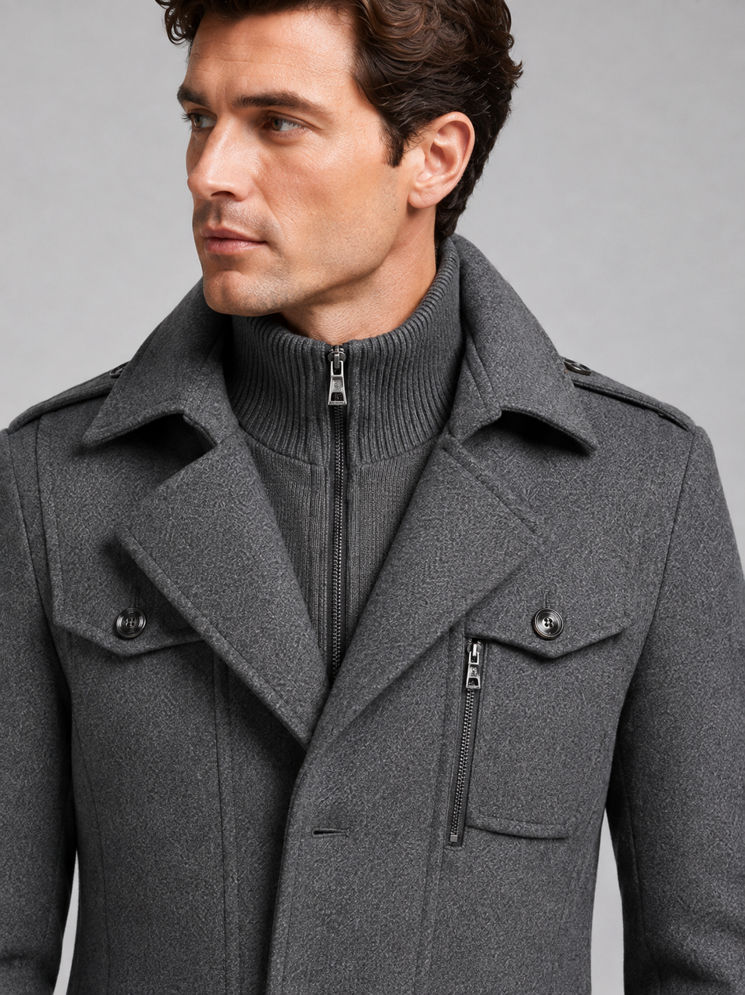 Gray men’s wool double collar overcoat displayed on a plain background