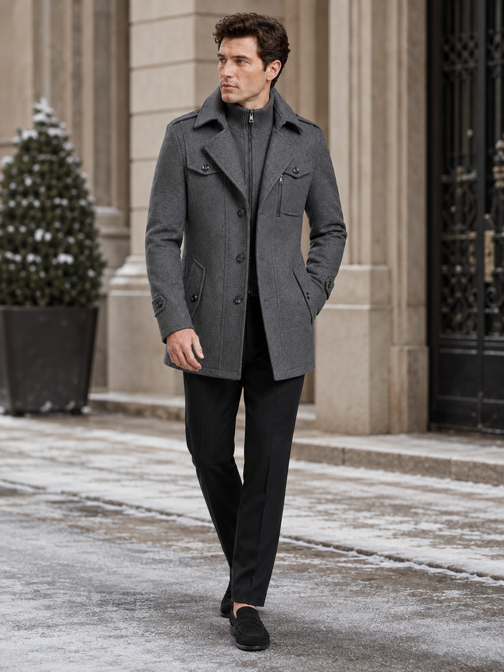 Man wearing a gray wool double collar overcoat in a business casual fall winter outfit for office and everyday wear