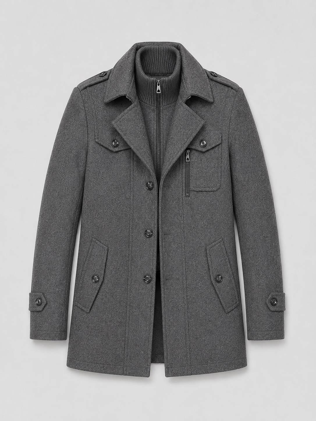 Close-up of a gray wool overcoat showing the double collar, warm fabric texture, button closure, cuffs, pockets, and tailored stitching