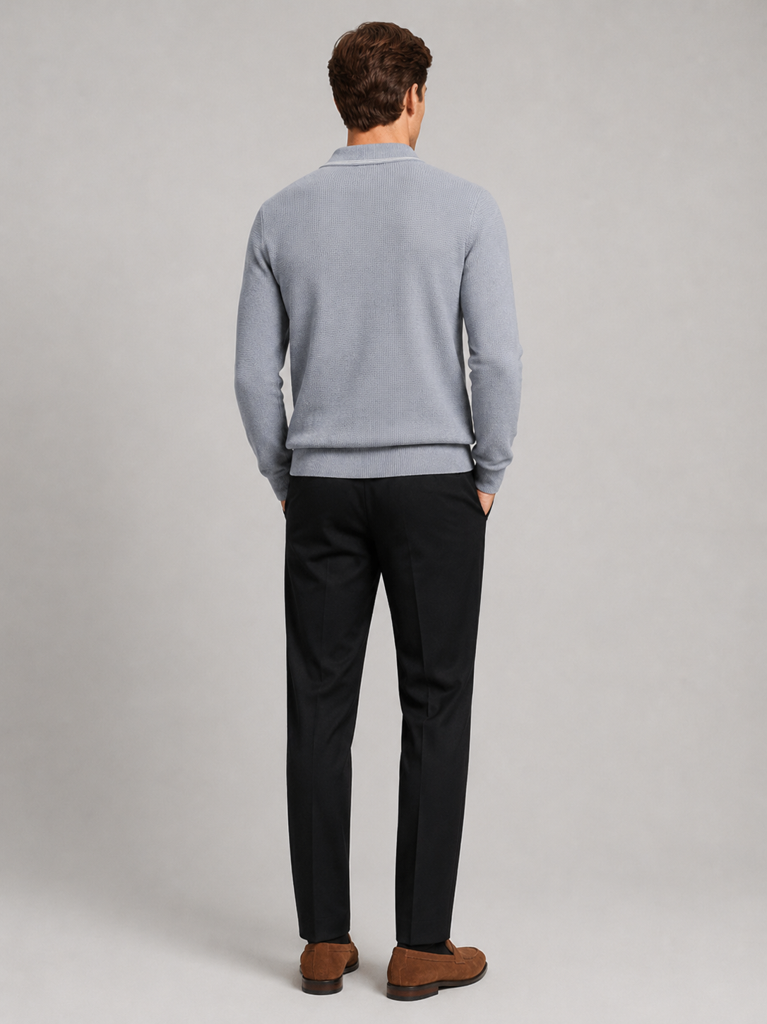 Men’s gray open collar polo sweater comfortable fall winter layer for business casual outfits