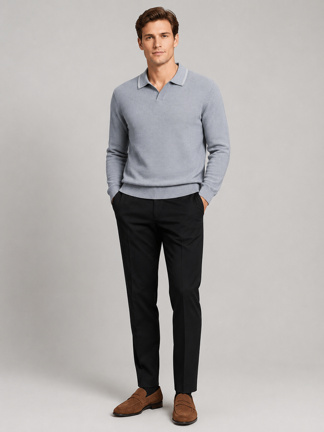 Gray wool Johnny collar sweater for men warm long sleeve knit top for everyday wear