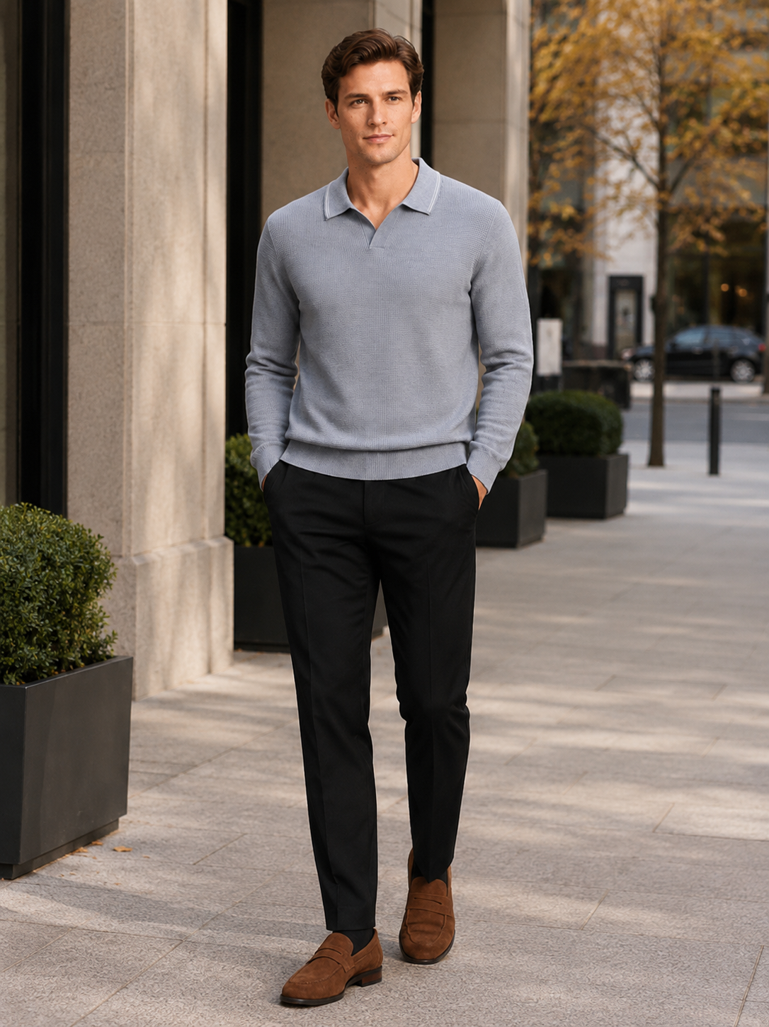 Man styling gray wool Johnny collar sweater in a clean business casual and everyday outfit