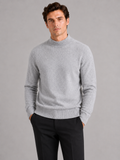 Men wearing gray 100 percent wool mock neck sweater warm solid color fall winter business casual style