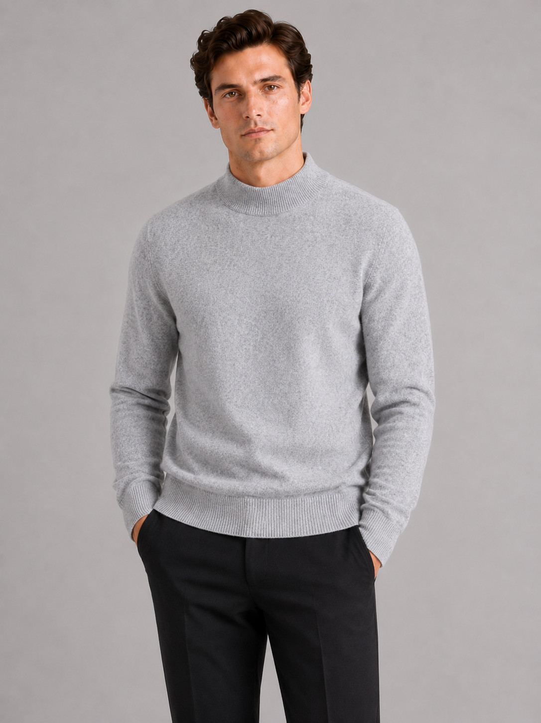 Men wearing gray 100 percent wool mock neck sweater warm solid color fall winter business casual style