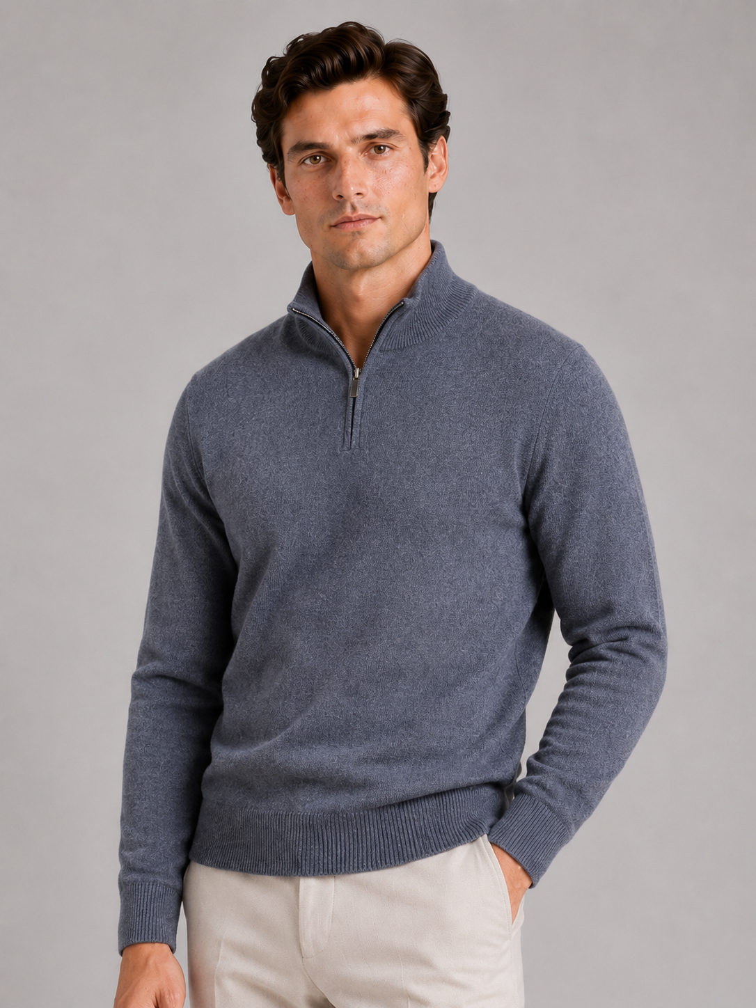 Men wearing gray 100 percent wool half zip mock neck sweater thick thermal fall winter style