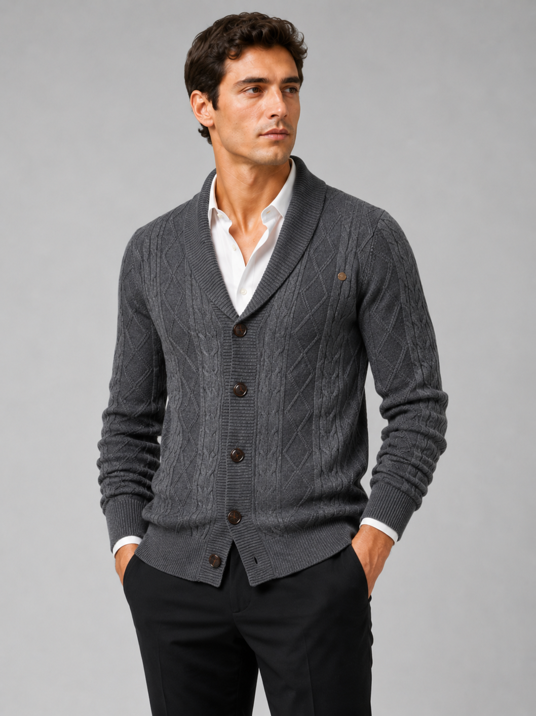 Men wearing gray argyle cardigan sweater cotton cable knit business casual fall winter style