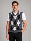 Men wearing gray argyle sweater vest v neck slim fit knit fall winter business casual style