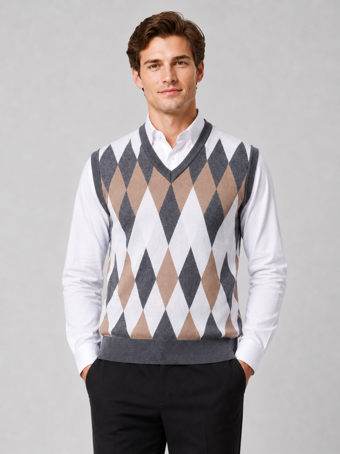 Men wearing gray argyle sweater vest v neck slim fit lightweight knit fall winter business casual style