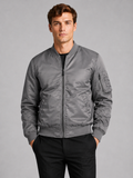 Men wearing gray bomber fall jacket windbreaker zip up flight coat casual streetwear style