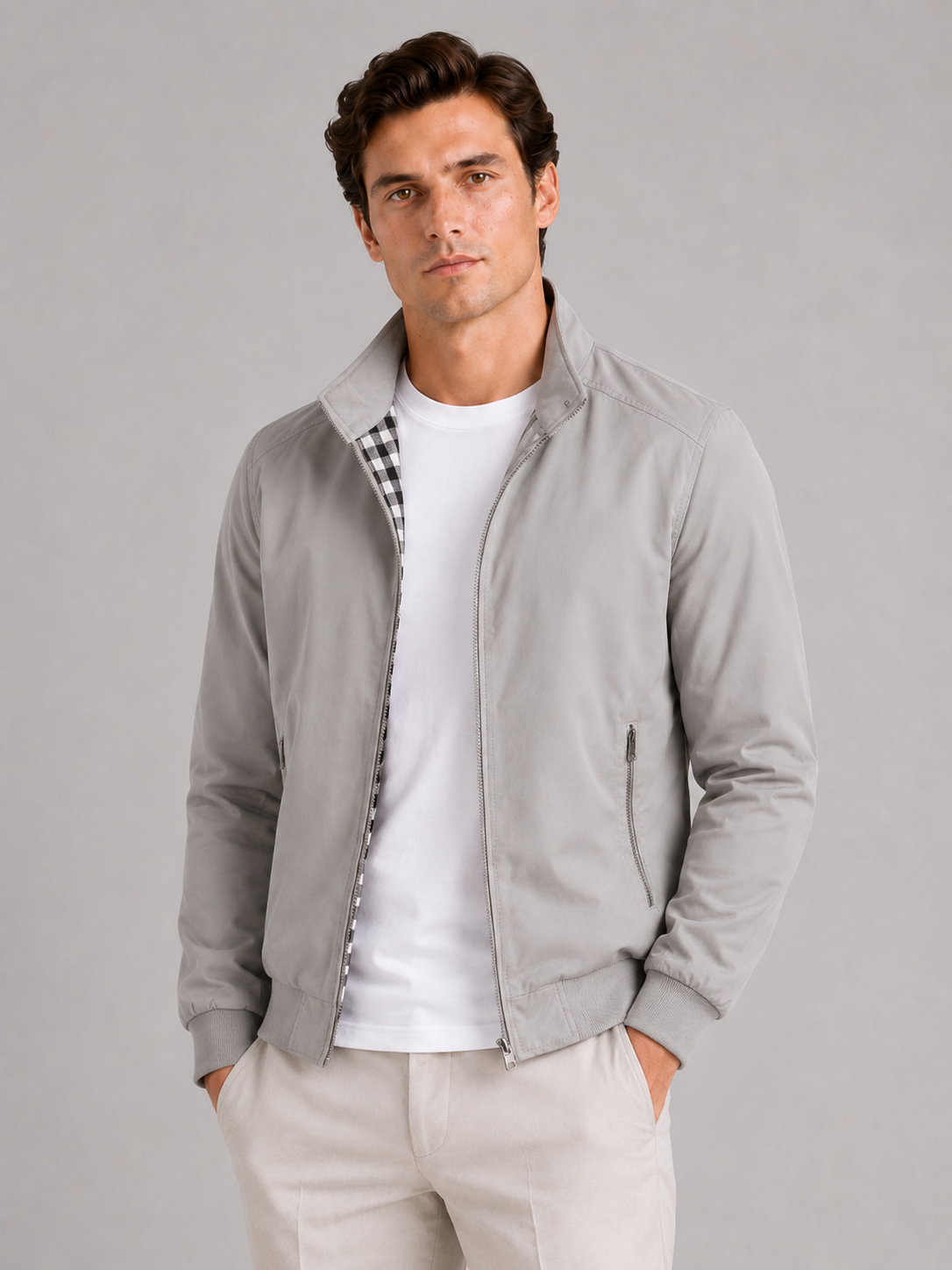 Men wearing gray bomber jacket slim fit stand collar zip up fall casual travel style