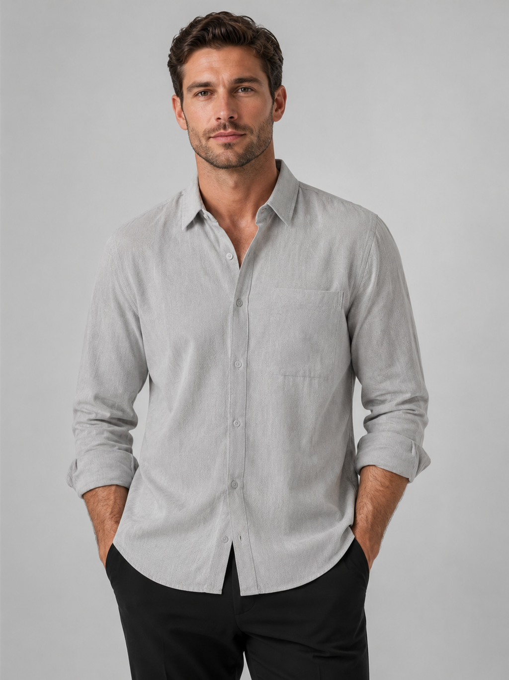 Men wearing gray button down long sleeve shirt solid color summer casual style