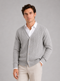 Men wearing gray cable knit cardigan sweater v neck long sleeve lightweight fall winter style