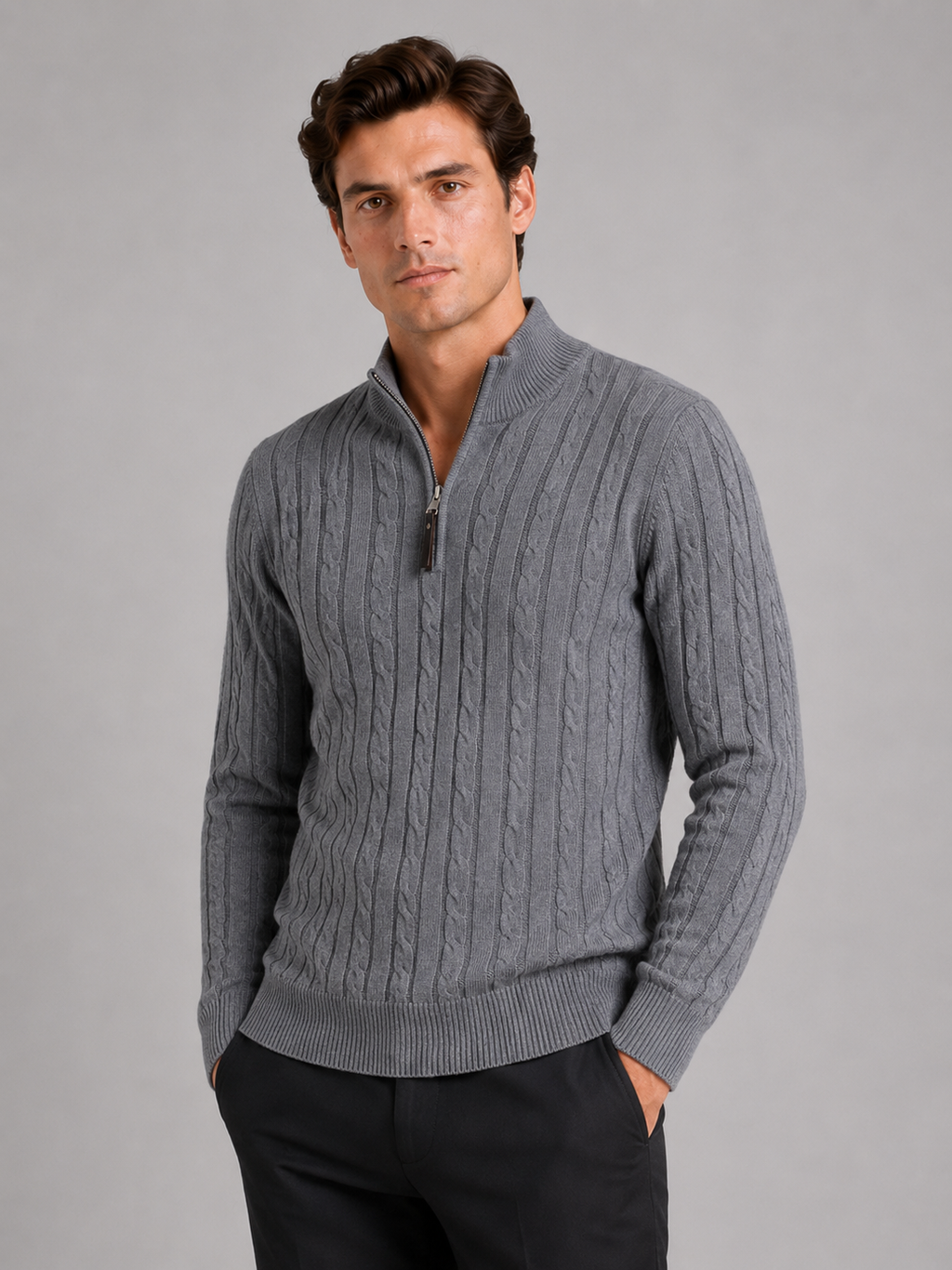 Men wearing gray cable knit pullover sweater mock neck quarter zip warm fall winter style