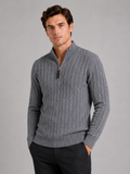 Men wearing gray cable knit pullover sweater mock neck quarter zip warm fall winter style