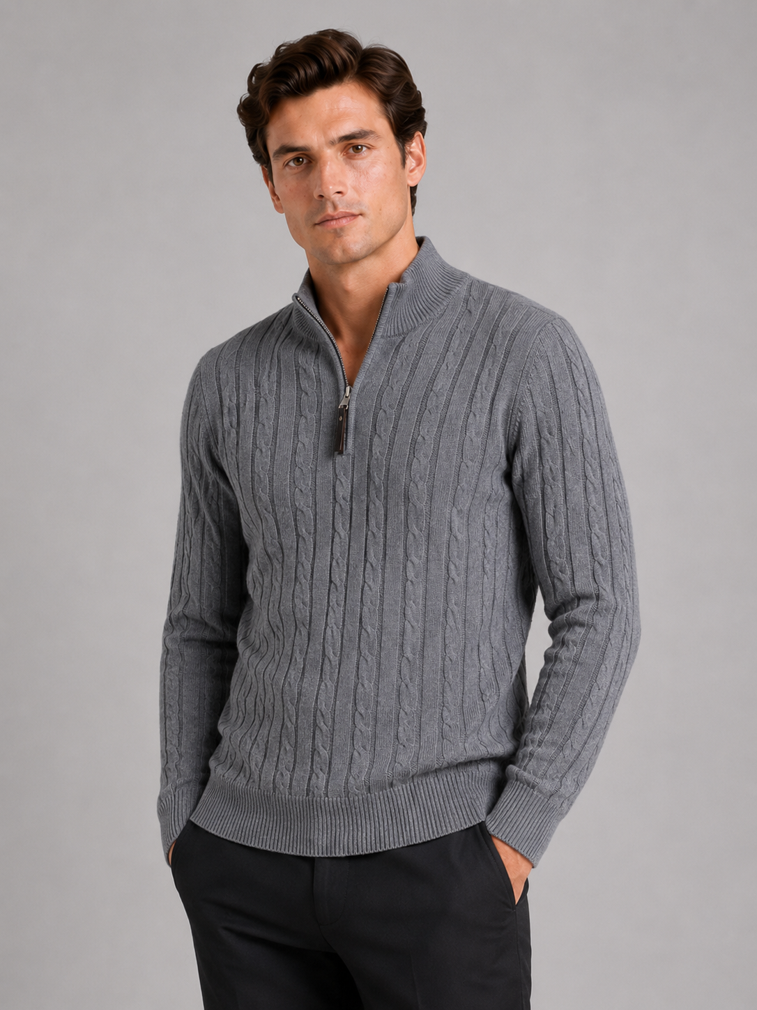Men wearing gray cable knit pullover sweater mock neck quarter zip warm fall winter style