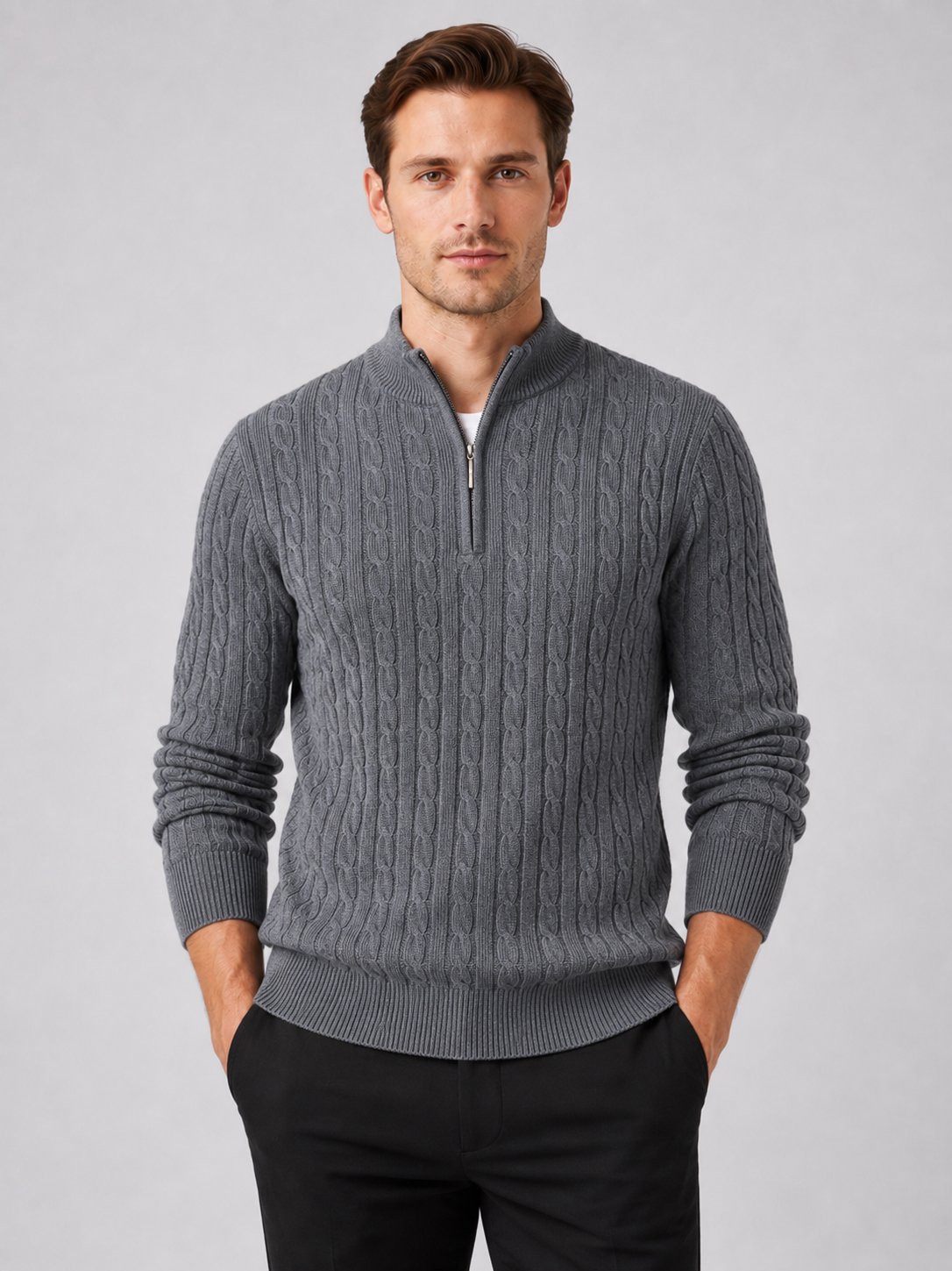 Men wearing gray cable knit quarter zip sweater mock neck thick warm fall winter business casual style