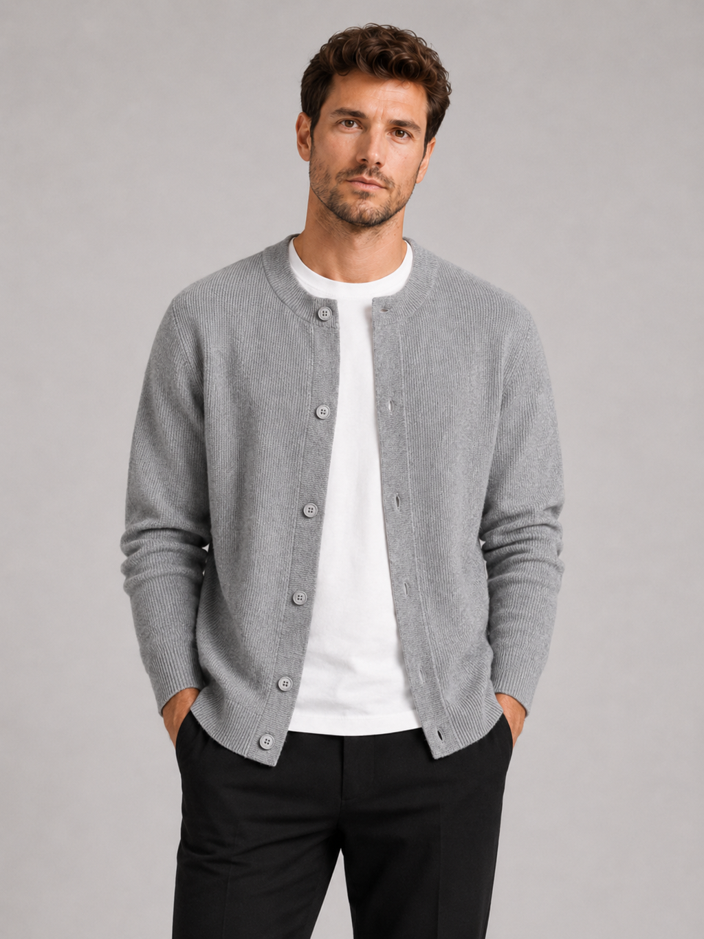 Men wearing gray cardigan sweater crew neck solid color knit fall casual style