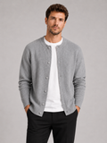 Men wearing gray cardigan sweater crew neck solid color knit fall casual style
