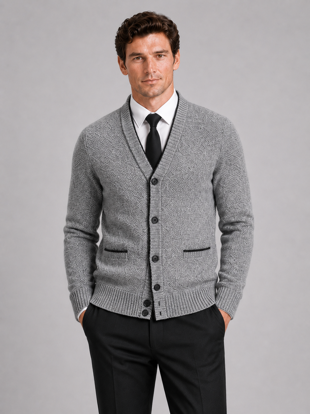 Men wearing gray v neck cardigan sweater knit long sleeve fall winter business casual style