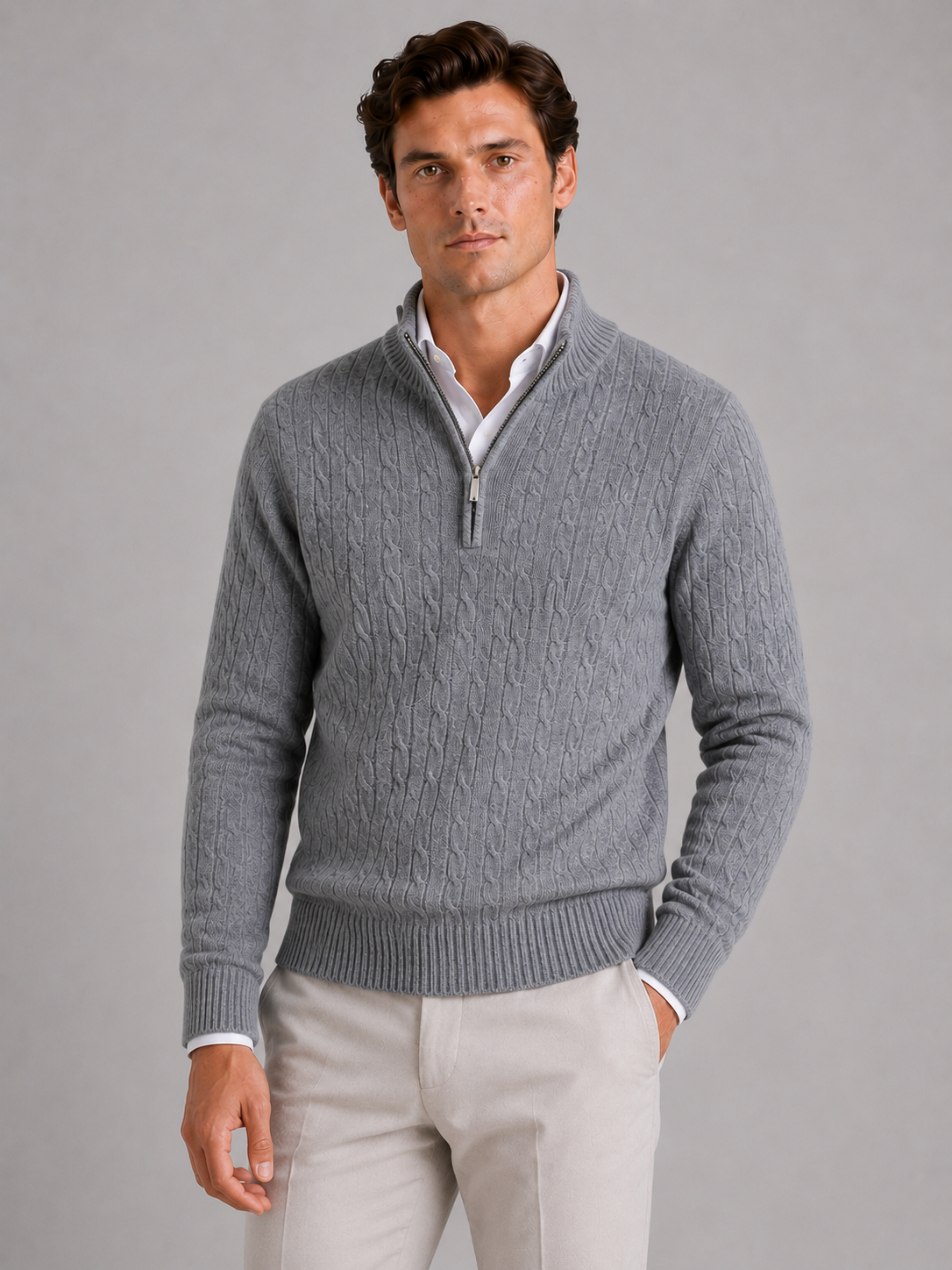 Men wearing gray cashmere cable knit sweater quarter zip mock neck warm fall winter style