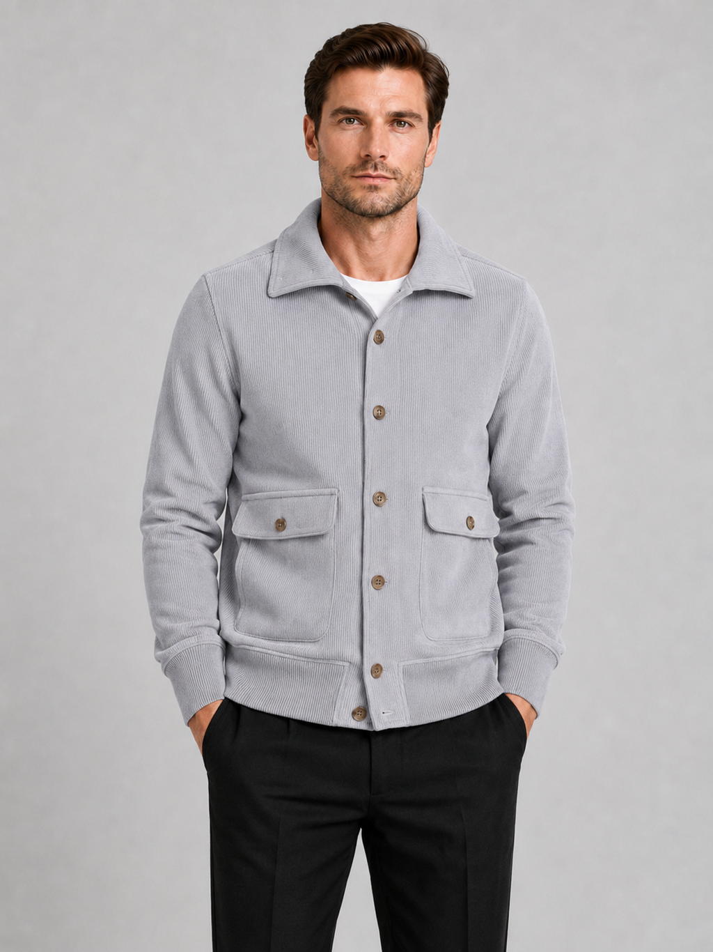 Men wearing gray chore jacket button up windproof pocket casual winter fall outdoor style