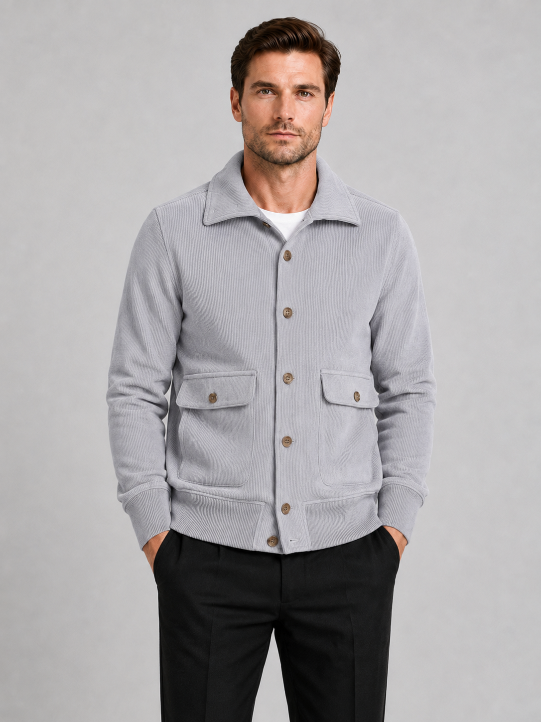 Men wearing gray chore jacket button up windproof pocket casual winter fall outdoor style