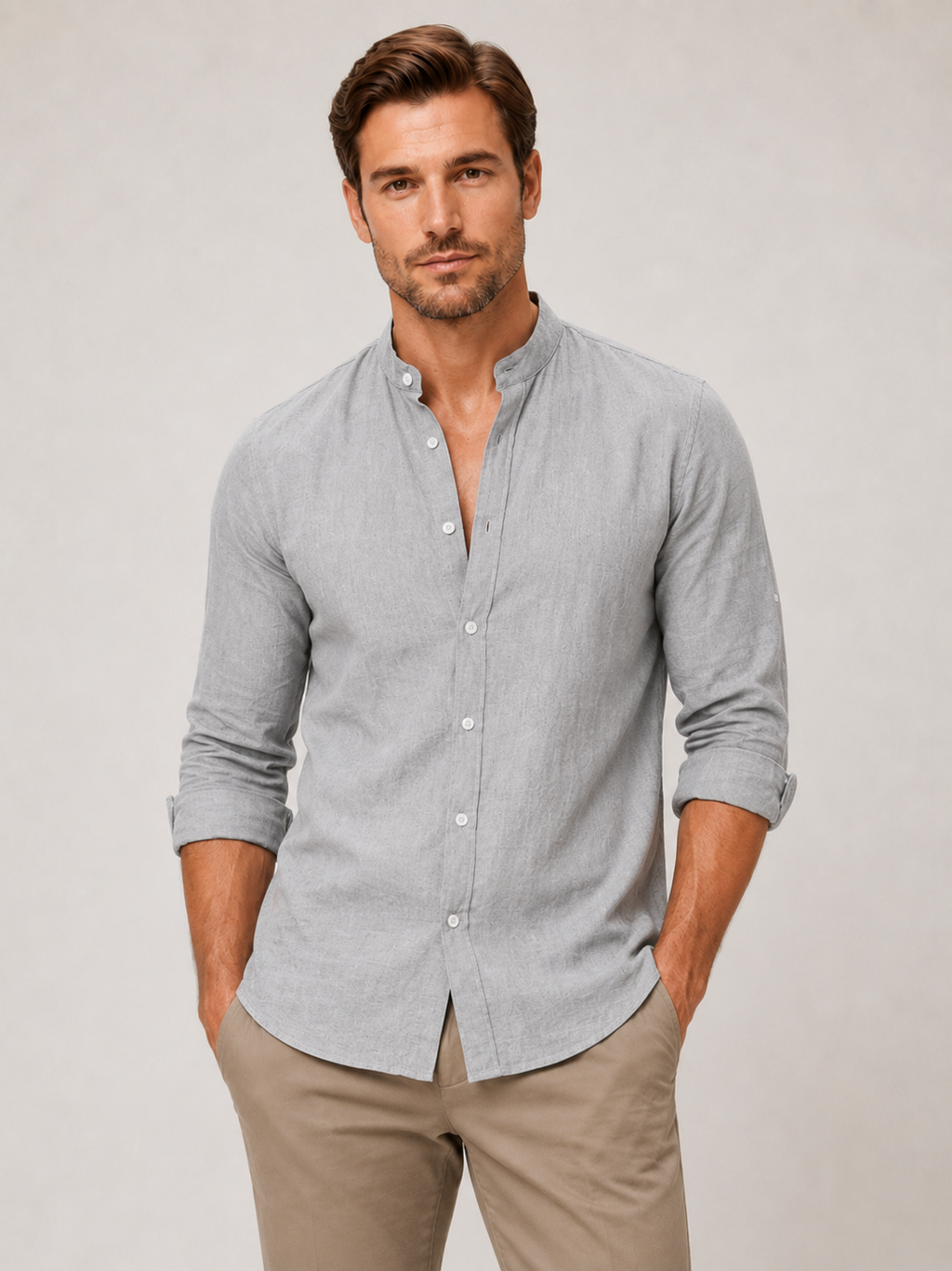Men wearing gray cotton linen collarless button down long sleeve shirt breathable summer casual style